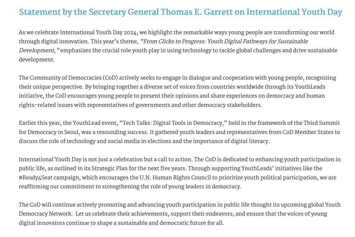 CommunityofDem's tweet photo. 'The CoD will continue actively promoting and advancing youth participation in public life thought its upcoming global Youth Democracy Network'- SG @ThomasEGarrett in his statement on #InternationalYouthDay2024 

https://t.co/yEe39hsWJt https://t.co/96Kk6c9bUn
