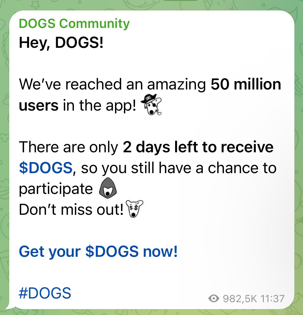 s0meone_u_know's tweet image. BREAKING: $DOGS just surpassed 50M users on their Telegram MiniApp, they also highlighted that there’s only 2 days left to farm the upcoming #Airdrop.

It’s probably nothing… 🦴👀