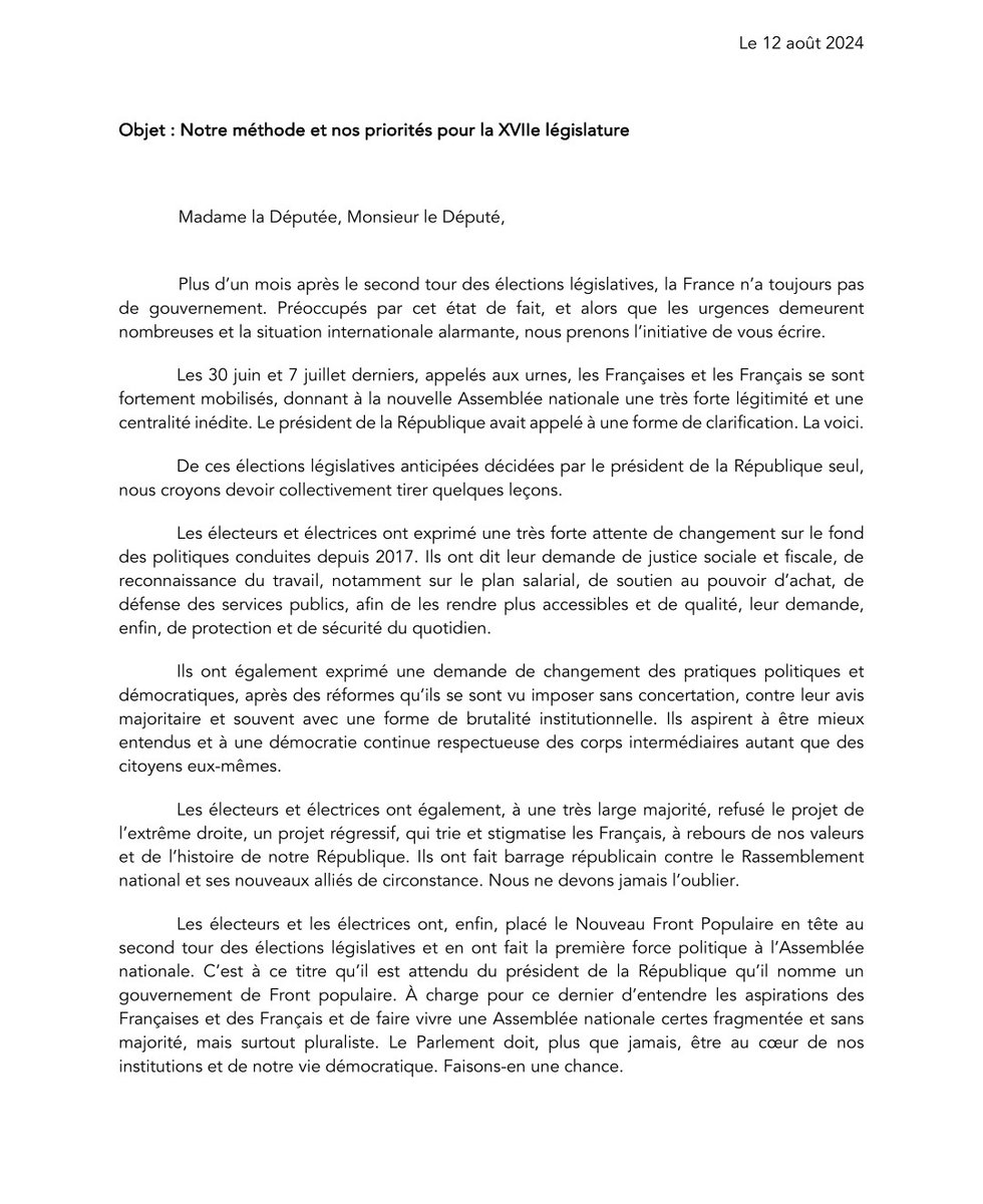 #DirectAN - J+1 Fin de la trêve politicolympique du président et vacances studieuses pour <a href="/CastetsLucie/">Lucie Castets</a>.
📝 2 courriers envoyés ce matin aux parlementaires du #NFP pour fixer la méthode (transparence, concertations avec les syndicats et la société civile) et le fond 1/2
<a href="/LCI/">LCI</a>