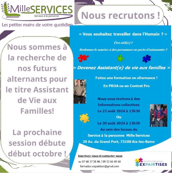RenaudCharlesFT's tweet image. [#TousMobilisés] pour l&apos;#alternance et les #métiers du service à la personne 

MilleServices recrute et forme des alternants en vue de l&apos;obtention du titre d&apos;Assistant de Vie aux Familles
Plus d&apos;ℹ linkedin.com/company/milles… 

#LaSavoieRecrute #emploi #Savoie
#OnEstLàPourVous