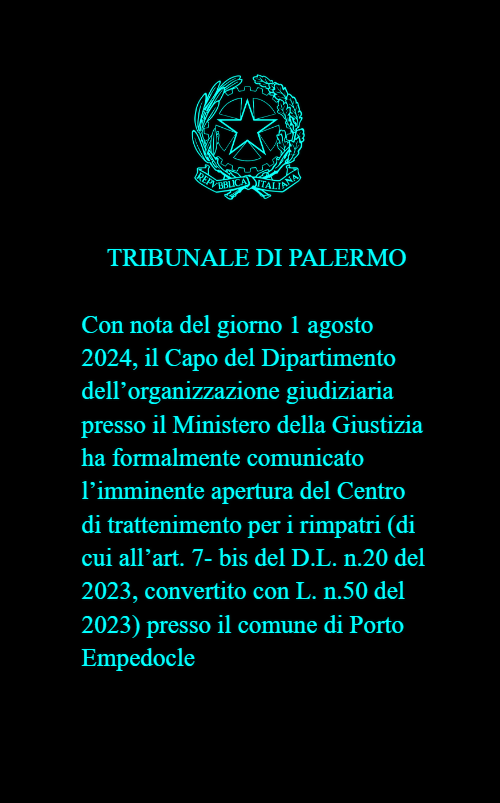 🔴 Il Tribunale di Palermo: "imminente apertura del Centro di trattenimento per i rimpatri presso il comune di Porto Empedocle".

⚖️ Giudici precettati in pieno Ferragosto, alcuni costretti a rientrare dalle ferie.

Fallite al governo le operazioni al centro di Modica/Pozzallo -