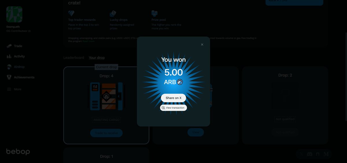 0xSultan_'s tweet photo. Got 5 $ARB airdrop for a single trade on @bebop_dex 🥳

https://t.co/Vgr5OtGp2e

Phase-04 is going on, just trade on #arbitrum mainnet to generate more volume for up to 12,000 $ARB reward.

https://t.co/h9EFKAms9L https://t.co/sCmzwjoYkp