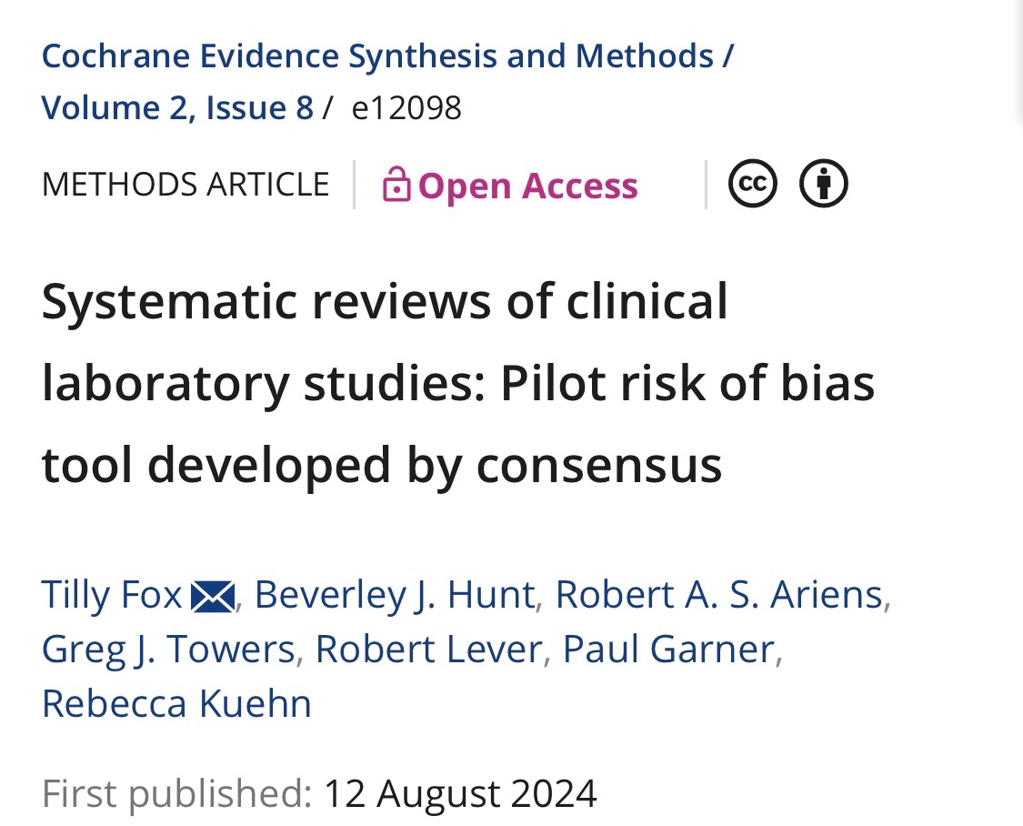 Tilly (@tillyfox16) on Twitter photo Happy to share the publication of a new tool to assess bias in clinical laboratory studies, published today 📝
doi.org/10.1002/cesm.1…
<a href="/Cochrane_IDG/">Cochrane_IDG</a> <a href="/PaulGarnerWoof/">Paul Garner</a> <a href="/bhwords/">Professor Beverley Hunt OBE (also on BlueSky)</a> <a href="/RobertAriens/">Robert Ariens</a> Happy to share the publication of a new tool to assess bias in clinical laboratory studies, published today 📝
doi.org/10.1002/cesm.1…
<a href="/Cochrane_IDG/">Cochrane_IDG</a> <a href="/PaulGarnerWoof/">Paul Garner</a> <a href="/bhwords/">Professor Beverley Hunt OBE (also on BlueSky)</a> <a href="/RobertAriens/">Robert Ariens</a>