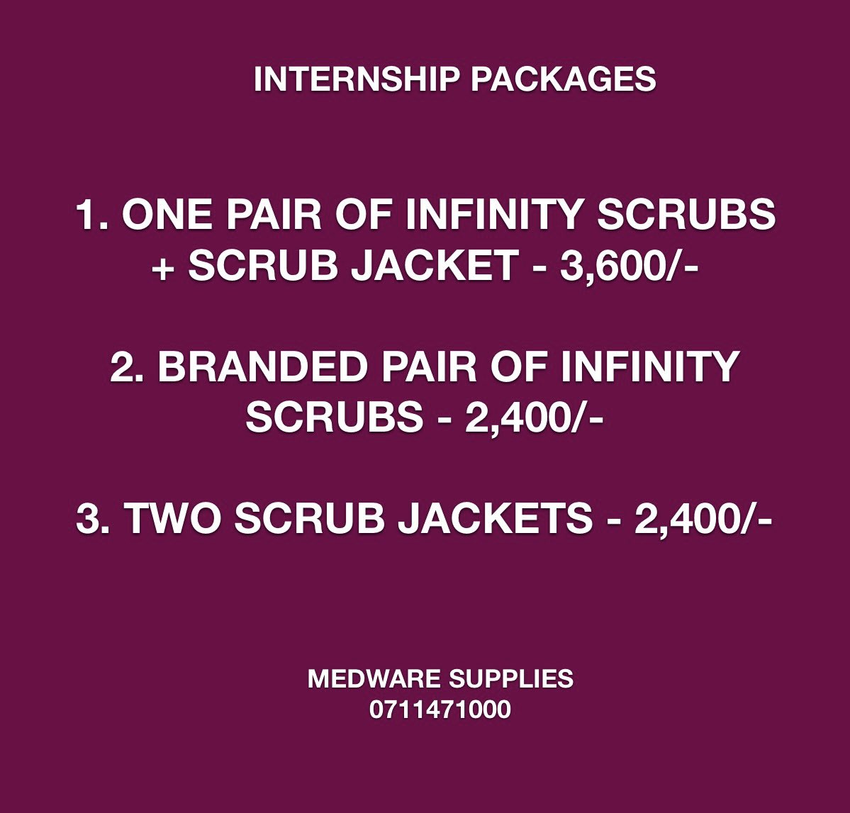Dear Interns, in preparation for your internship, grab;

✅Infinity Scrubs
✅Scrub Jackets
✅Plain Customized labcoats 
✅Golden name tag

🥳Look good and feel good as you enjoy your internship!

Call/Text/WhatsApp 0711471000 - wa.me/254711471000

We got you💯!