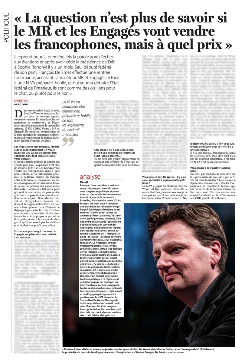 Je suis interviewé dans le Soir de ce lundi pour tirer la sonnette d’alarme sur les négociations fédérales. Et tenter de sortir le monde politique, médiatique et des observateurs de cette étrange torpeur devant les dangers qui nous menacent. 

Bien sûr qu’une majorité de