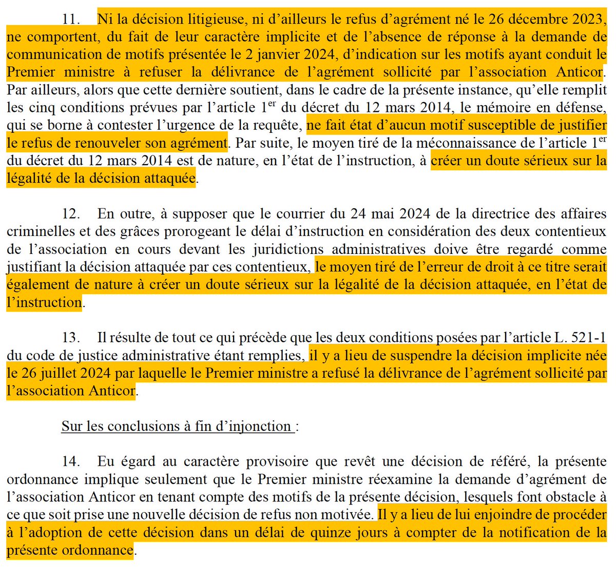 Anticor : En référé, le refus (implicite) du Premier ministre de renouveler l'agrément d'<a href="/anticor_org/">Anticor</a> est suspendu.

Car deux motifs jettent un « doute sérieux » sur la légalité.

Avec injonction de réexamen de la demande d'agrément dans les 15 jours.

=> bit.ly/4ct0vL3