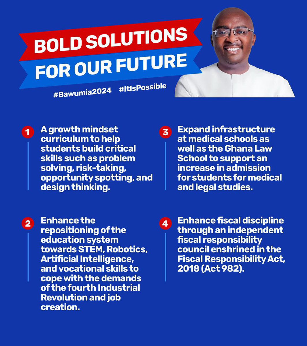 Dr Bawum will expand Expand infrastructure at medical schools as well as the Ghana Law School to support an increase in admission for students for medical and legal studies.
#TrustBawumia