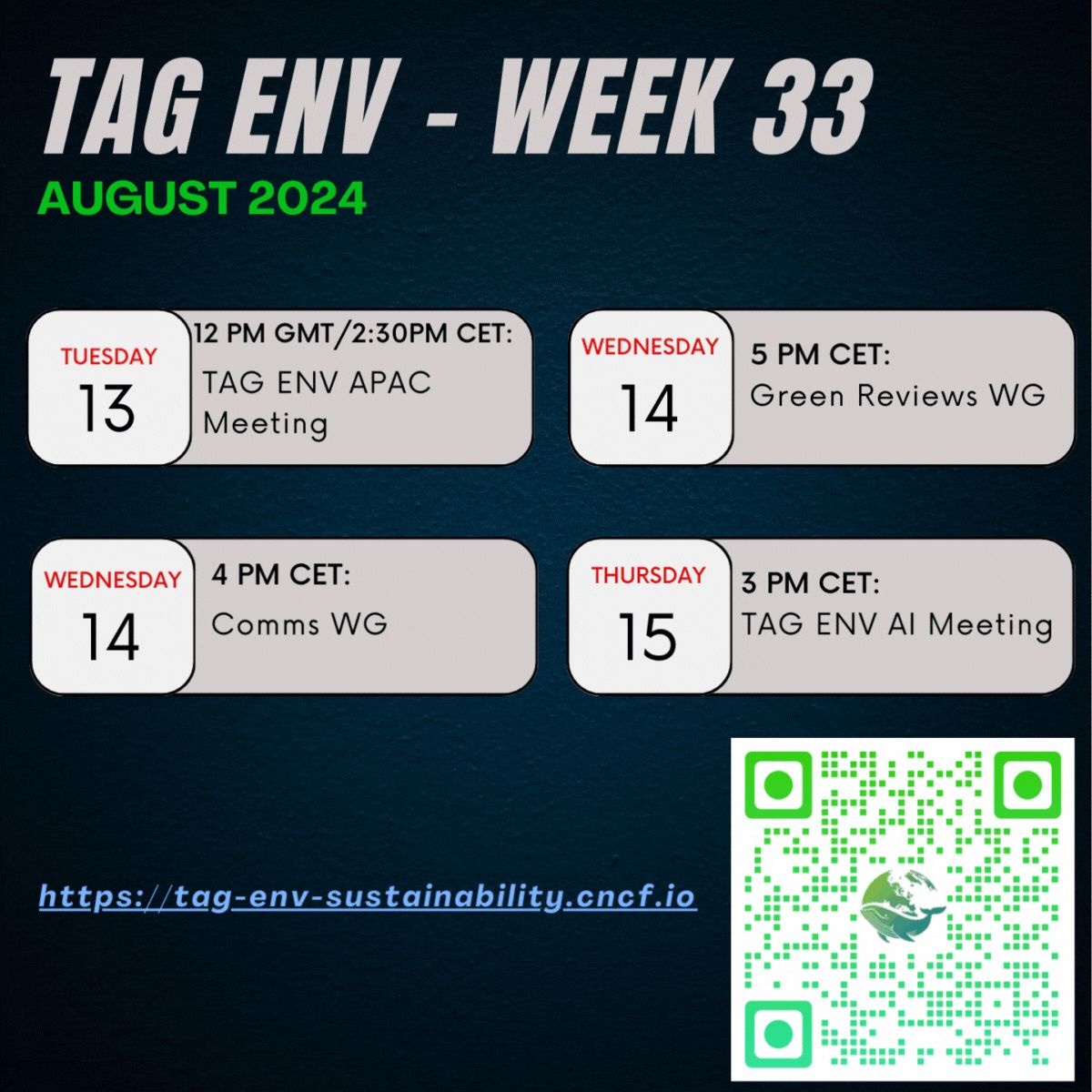 We had a short summer break with weekly meeting plan overview but we're back now!
Here's an overview of the meetings we will hold this week and as always, you may find meeting details in our common calendar: buff.ly/3vEhgn7 💚

#TAGENV #CNCF #CloudNativeSustainability