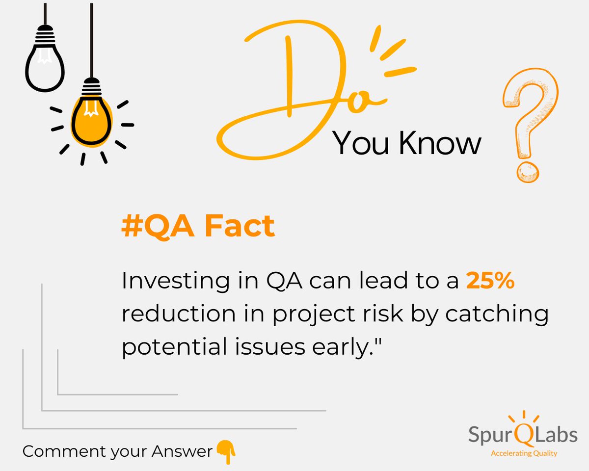 spurqlabs's tweet photo. Do you know this QA Fact?
.
.
.
.
#SpurQLabs #QA #QualityAssurance #softwaretesting #softwaretester #testing #qafacts #testingfacts #tester #softwaredeveloper https://t.co/gEwOGwnCmG