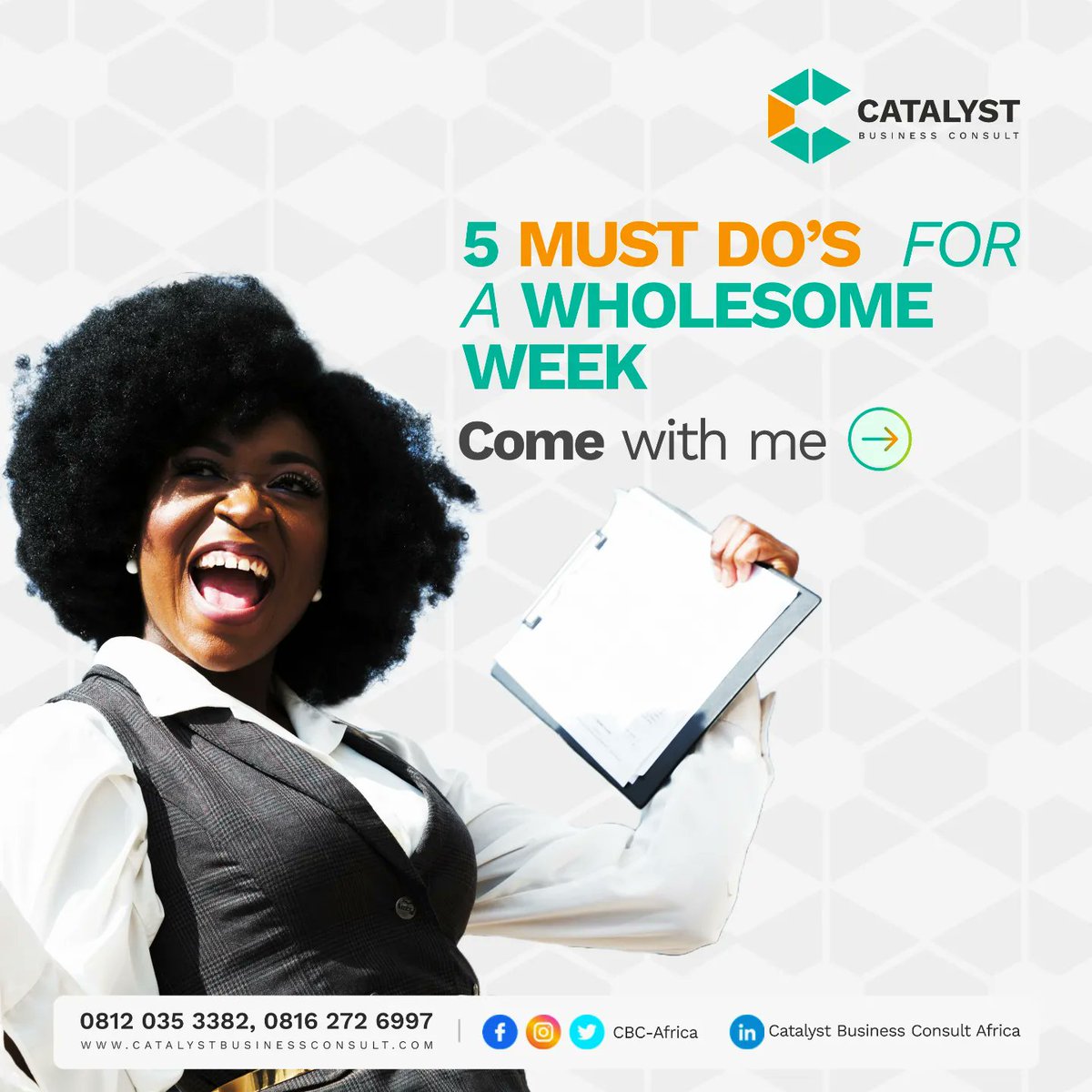 cbc_africa's tweet photo. It's a new week again and instead of dreading this week, you can crush it instead!
We are rooting for you this week!👊🏼
#newweeknewgoals
#CBCAfrica
#catalystbusinessconsults
#mondaychecklist
#haveagreatweek
#knowledgeiskey https://t.co/JVncFWNmyz