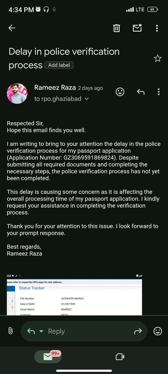 imrameezraza's tweet photo. @rpoghaziabad @MEAIndia @PMOIndia @passportsevamea @Anuj_Swarup I have alredy emailed u many times, but no response from your side so far. I request u to issue my passport as soon as possible pls. https://t.co/usy2GeURGl