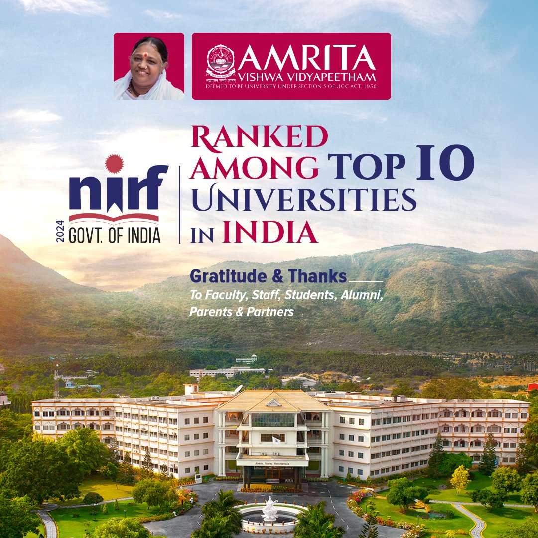 AMRITAedu's tweet image. #Amrita Vishwa Vidyapeetham has once again emerged as the 7th best #university in the #NIRF Rankings 2024 by Government of #India announced today by Hon. @EduMinOfIndia Shri @dpradhanbjp.

We express our heartfelt gratitude to our dear students, parents, faculty, alumni, &amp;amp; all.