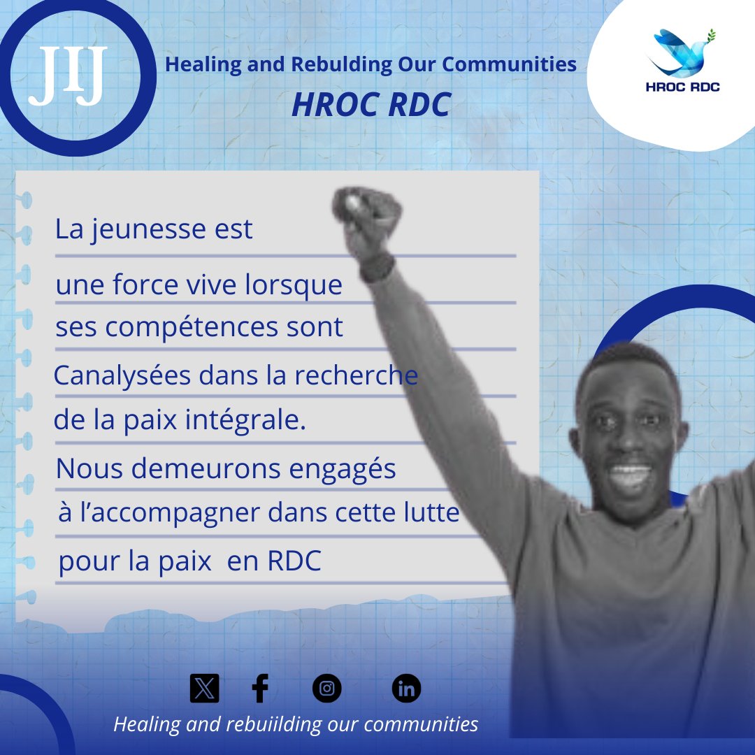 HROC Drc (@drchroc) on Twitter photo #JIJ2024 : En cette journée de la célébration de la jeunesse, Nous réaffirmons notre engagement à accompagner les jeunes dans recherche de la paix durable.
Nous demeurons engagés à les outiller des connaissances nécessaires pour cette fin.
<a href="/mccpeace/">Mennonite Central Committee</a>
<a href="/jeunesseEP_RDC/">MINISTÈRE DE LA JEUNESSE ET ÉVEIL PATRIOTIQUE 🇨🇩</a> #JIJ2024 : En cette journée de la célébration de la jeunesse, Nous réaffirmons notre engagement à accompagner les jeunes dans recherche de la paix durable.
Nous demeurons engagés à les outiller des connaissances nécessaires pour cette fin.
<a href="/mccpeace/">Mennonite Central Committee</a>
<a href="/jeunesseEP_RDC/">MINISTÈRE DE LA JEUNESSE ET ÉVEIL PATRIOTIQUE 🇨🇩</a>