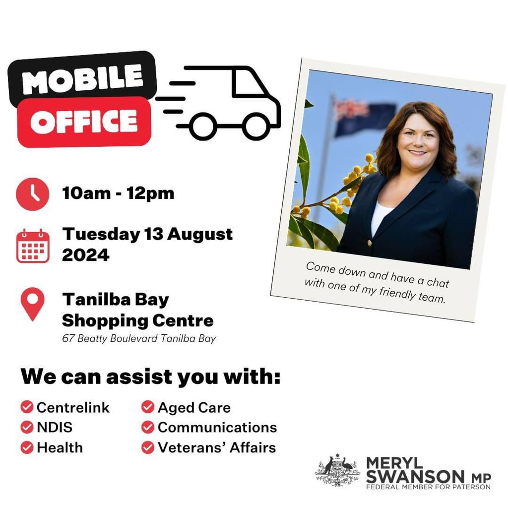 **𝐌𝐎𝐁𝐈𝐋𝐄 𝐎𝐅𝐅𝐈𝐂𝐄 - 𝐓𝐀𝐍𝐈𝐋𝐁𝐀 𝐁𝐀𝐘**

Come and visit my friendly staff.

#MerylSwansonMP #championforpaterson #mobileoffice