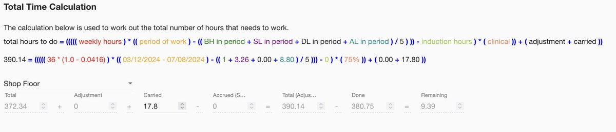 13 years ago, I came up with a formula. After 13 years of my life being obsessed by this formula, I am steeping back…….

This formula works out how many clinical hours people needed to do when working annualised self-preferencing/self-rostering rotas and has become a passion of
