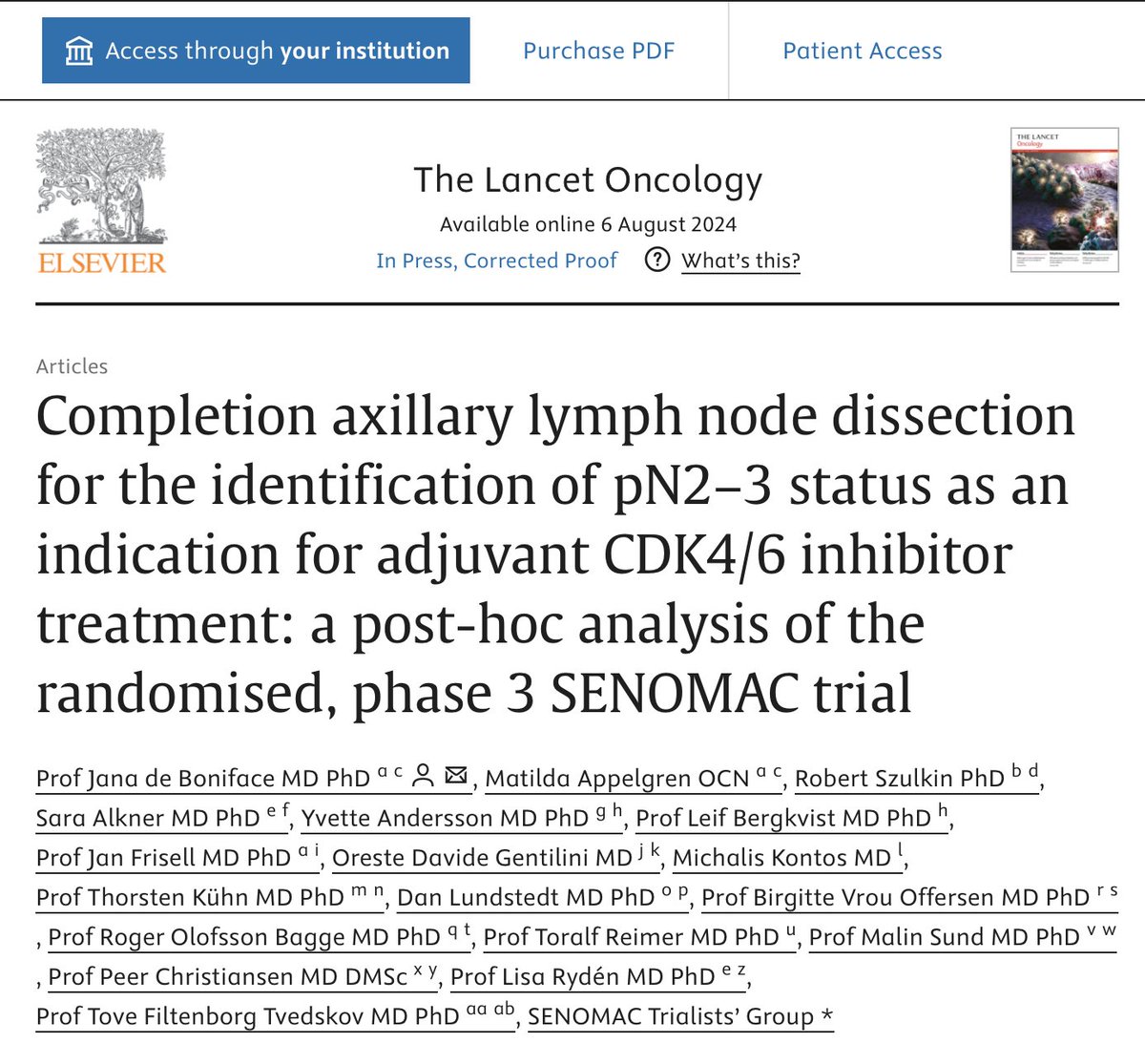 OncoAlert (@oncoalert) on Twitter photo Just out on <a href="/TheLancetOncol/">The Lancet Oncology</a>
The Phase3 SENOMAC🇸🇪Trial in #BreastCancer
Completion axillary lymph node dissection for the identification of pN2–3 status as an indication for adjuvant CDK4/6 inhibitor treatment: a post-hoc analysis of the randomised, phase 3 SENOMAC trial
In Just out on <a href="/TheLancetOncol/">The Lancet Oncology</a>
The Phase3 SENOMAC🇸🇪Trial in #BreastCancer
Completion axillary lymph node dissection for the identification of pN2–3 status as an indication for adjuvant CDK4/6 inhibitor treatment: a post-hoc analysis of the randomised, phase 3 SENOMAC trial
In