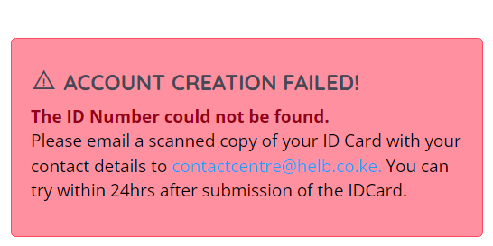 JohnWhiq's tweet photo. @HELBpage 
Hello, I am tryin to appy for hef and helb in the webportal but i keep getting the following response that my ID No is not found. I have already sent my scanned Id to contactcentre@helb.co.ke but no response yet. What can I do? https://t.co/rl7g076FKs