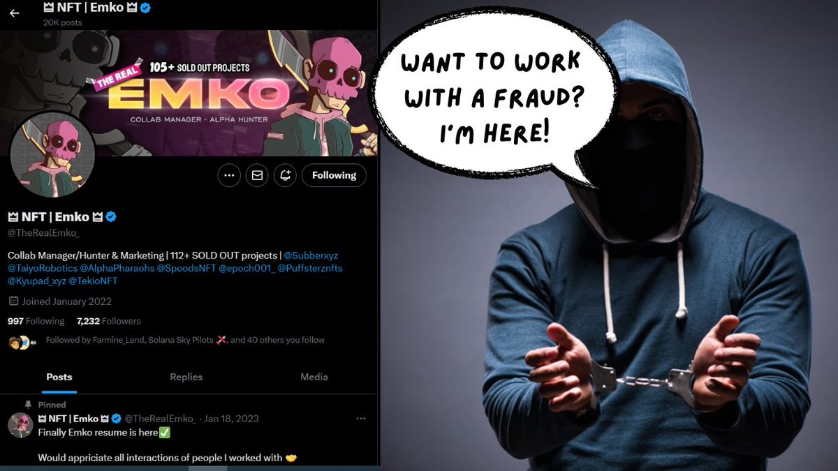📢 WARNING: Got scammed by <a href="/TheRealEmko_/">🜲 Emko 🜲</a> , a collab manager I met on <a href="/discord/">Discord</a>. Paid over $800 for NFT wallets collection on <a href="/subberxyz/">Subber.xyz</a> - ended up with 3,000 fake wallets, 90% - bots.  Don't fall for this! Check his account, it's all fake! #CryptoFraud #ScamAlert