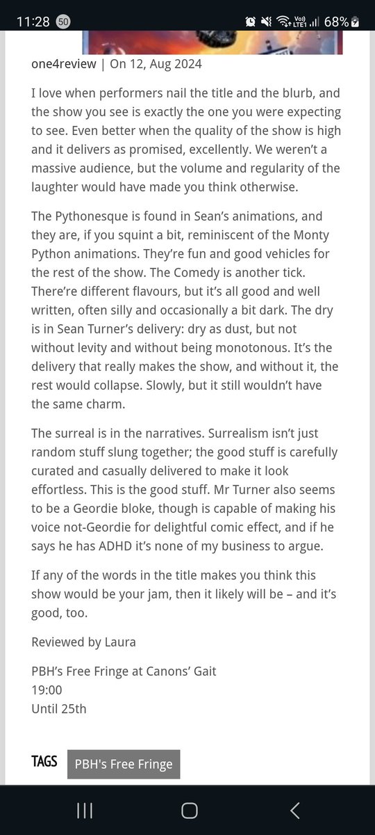 Booyakasha! MY SHOW GOT 4 STARS OFF ONE4REVIEW.

PYTHONESQUE COMEDY BY A DRY SURREAL GEORDIE BLOKE WHO HAS ADHD
 7PM CANONSGAIT EDINBURGH
#edfringe #edfringe2024
#comedy
#review #one4review  #pythonesque #canonsgait one4review.co.uk/2024/08/python…