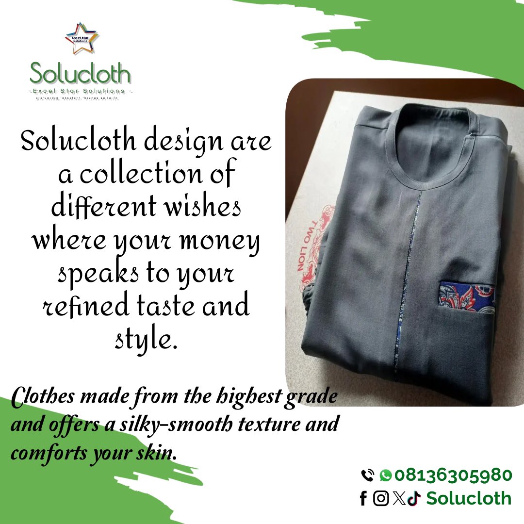 Solucloth's tweet photo. Solucloth designs are a collection of different wishes where your money speaks to your refined taste and style. clothes made form the highest grade and offers a silky-smooth texture and comforts your skin.
#texture
#solucloth
#excelstarsolutions https://t.co/9OizyCIYrw