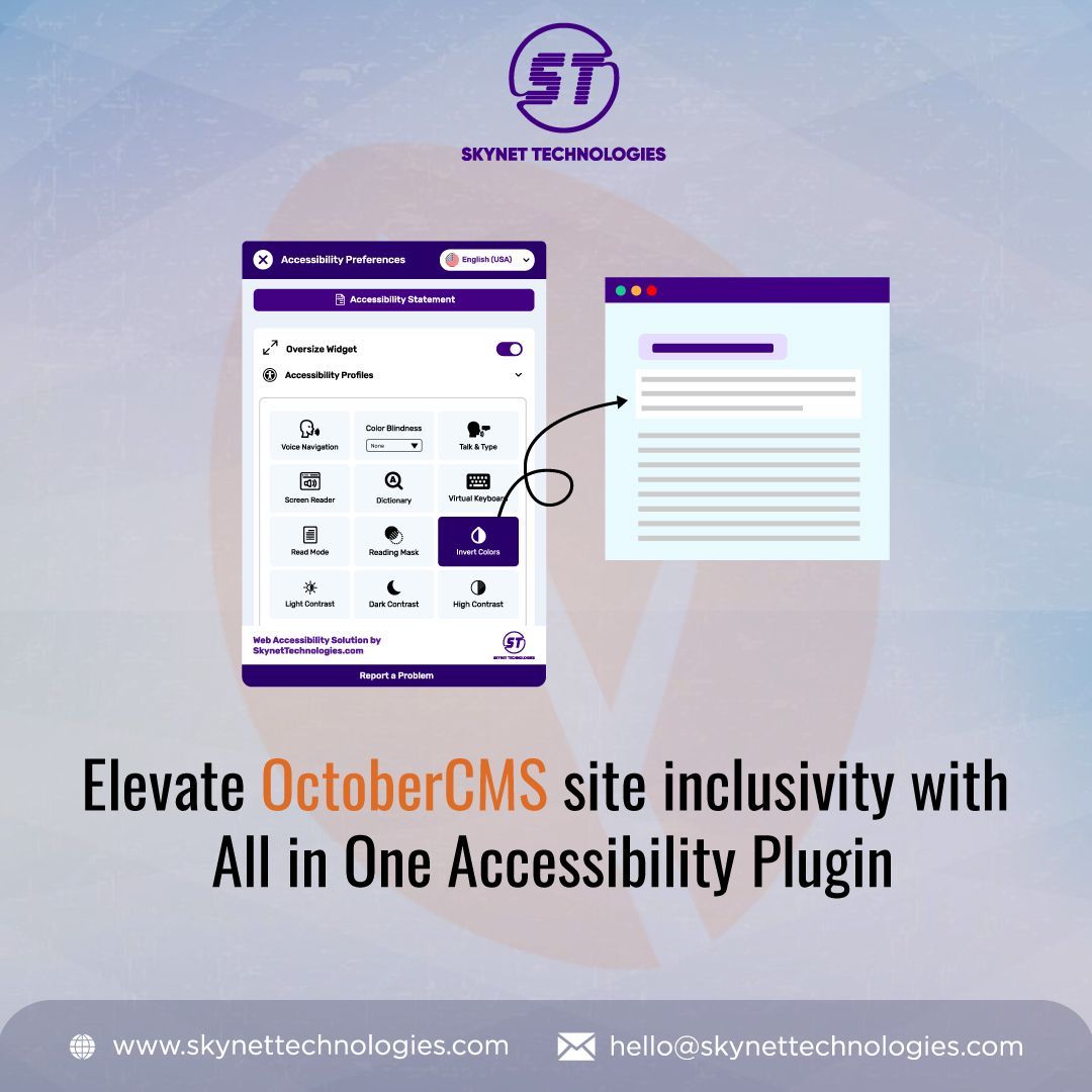 Simplify #ADA #WCAG accessibility improvements for <a href="/OctoberCMS/">October CMS</a> website with our easy-to-use and quick OctoberCMS All in One Accessibility #Plugin. Get started today!

buff.ly/4fFGPGC 

#OctoberCMS #CMS #AccessibilityPlugin #WebAccessibility #CMSPlatform #Inclusion #AITool