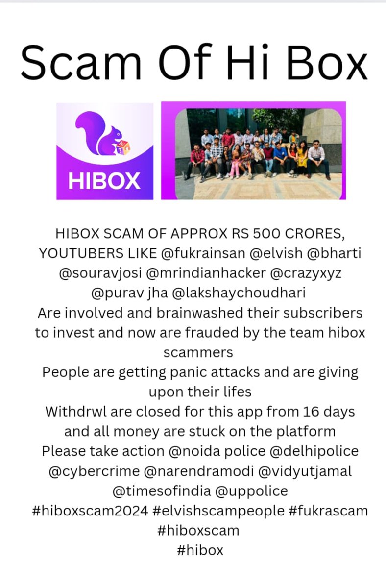 Pramod_chauhan0's tweet photo. HIBOX SCAM OF APPROX RS 500 CRORES, YOUTUBERS LIKE @fukrainsan @elvish @bharti @souravjosi @mrindianhacker @crazyxyz @puravjha @lakshaychoudhari @noidapolice @delhipolice @cybercrime @narendramodi @vidyutjamal @timesofindia @uppolice #hiboxscam2024 #fukrascam
#hiboxscam
#hibox https://t.co/DtvmxSpJ8e