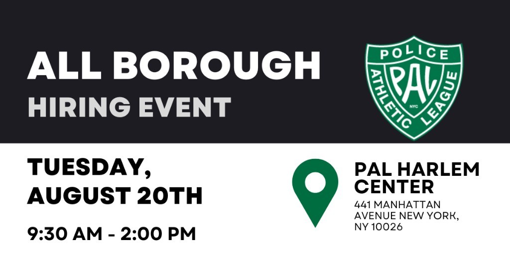 🎉Join us at the ALL Borough Hiring Event hosted by PAL! Explore roles like Activity Specialist, Admin Assistant, &amp; more. Meet hiring managers &amp; network! 

📅 Aug 20 | ⏰ 9:30 AM - 2:00 PM  
📍 PAL Harlem Center

🔗 Reserve your spot! bit.ly/3WN8ahQ

#Palnewyork #NYCJobs