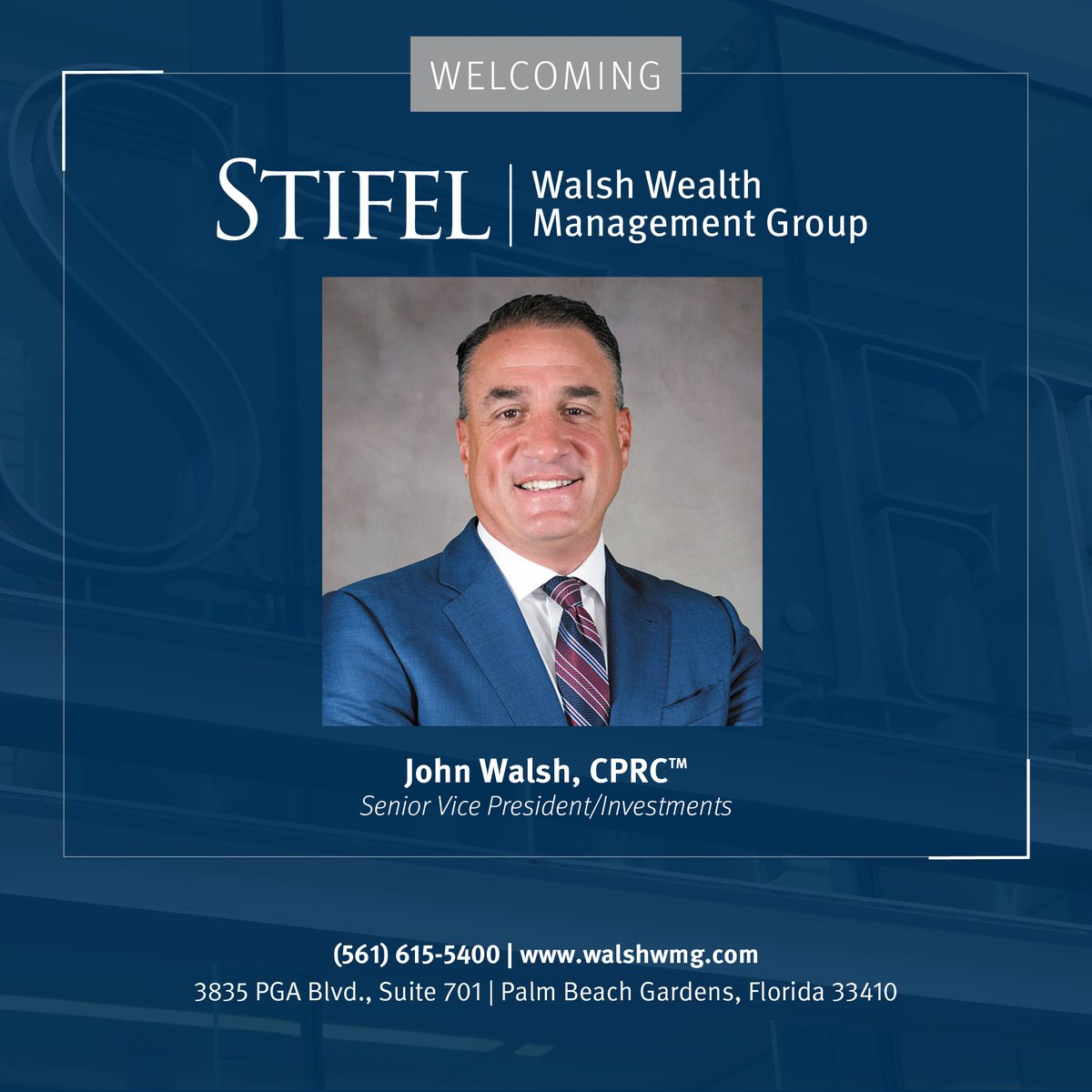 Stifel's tweet image. Please join us in welcoming John Walsh to our Palm Beach Gardens office!

Learn more about why John chose Stifel: choosestifel.com

#WhereSuccessMeetsSuccess #ChooseStifel