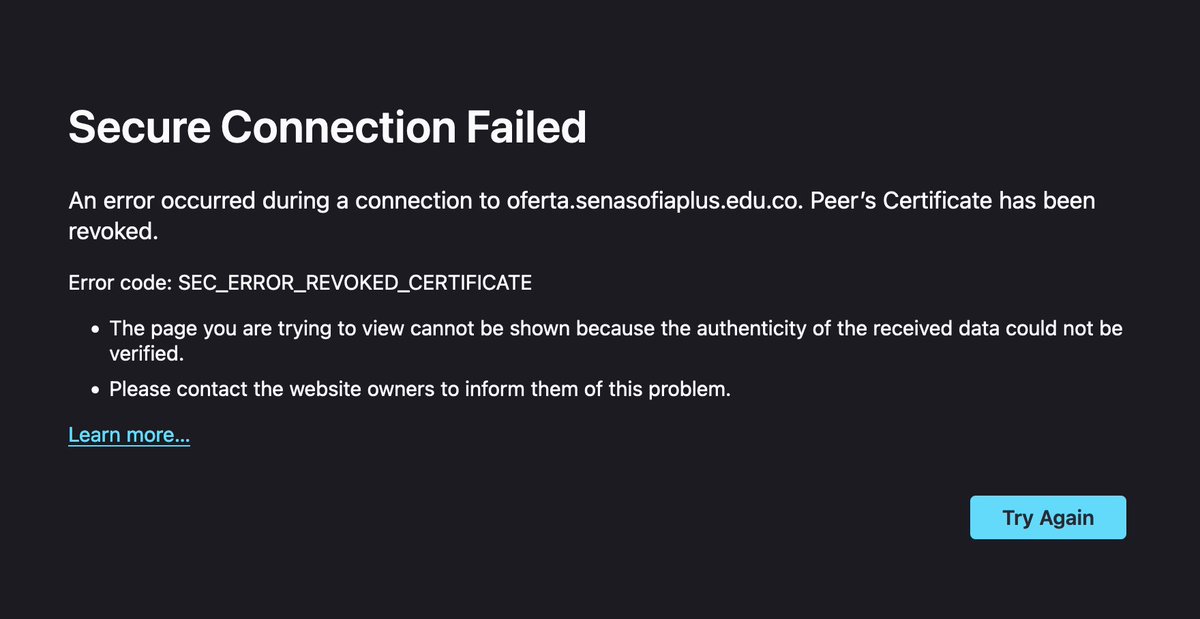 luchowebdev's tweet photo. @SENAComunica @JEP_Colombia @ColombiaJoven @ViceColombia Desde Chrome al menos ingresa, desde Firefox que es el navegador que recomiendan, no carga por error en los certificados. https://t.co/r7kpxoKyhT