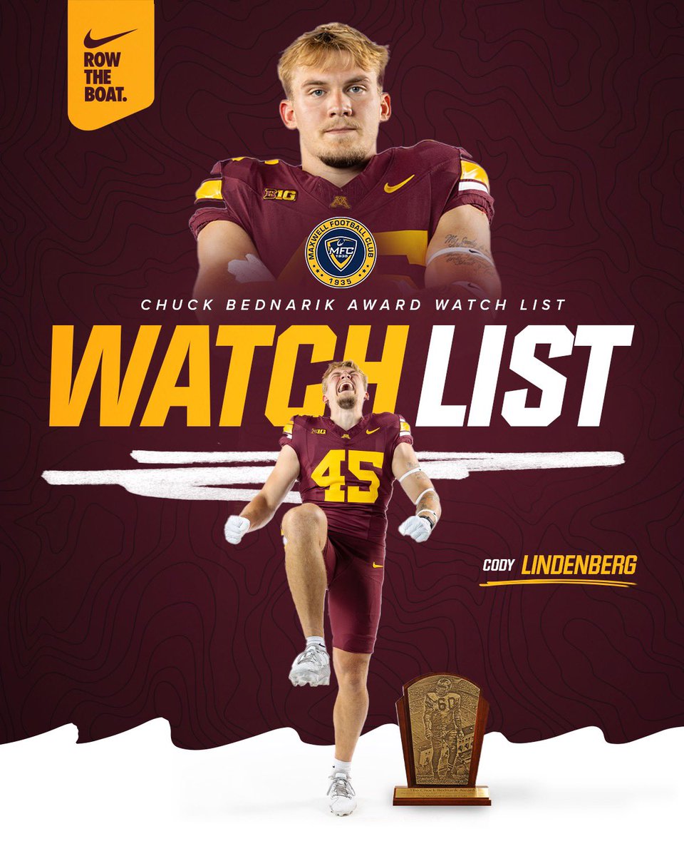Minnesota Football (@gopherfootball) on Twitter photo HO〽️EGROWN!
Minnesota native <a href="/cody_lindenberg/">Cody Lindenberg</a> lands on the Chuck Bednarik Award Watch List.
🔗 z.umn.edu/9phy
#RTB #SkiUMah #Gophers HO〽️EGROWN!
Minnesota native <a href="/cody_lindenberg/">Cody Lindenberg</a> lands on the Chuck Bednarik Award Watch List.
🔗 z.umn.edu/9phy
#RTB #SkiUMah #Gophers