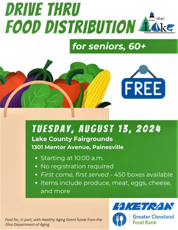 Attention older adults in Lake County: on August 13th, there's a drive-thru food distribution event at the Lake County Fairgrounds from 10 AM - 12 PM. This is a great opportunity to receive fresh produce and essential items right from your car. Learn more bit.ly/3WAF5FW.