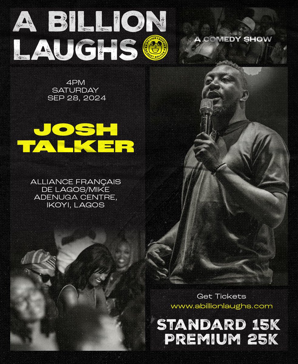 Hello Twitter fam 👋, I’ll be having a comedy special recording on the 28th of September. It will be great to have you around, Kindly get your tickets here 👇🏾

abillionlaughs.com/joshtalker