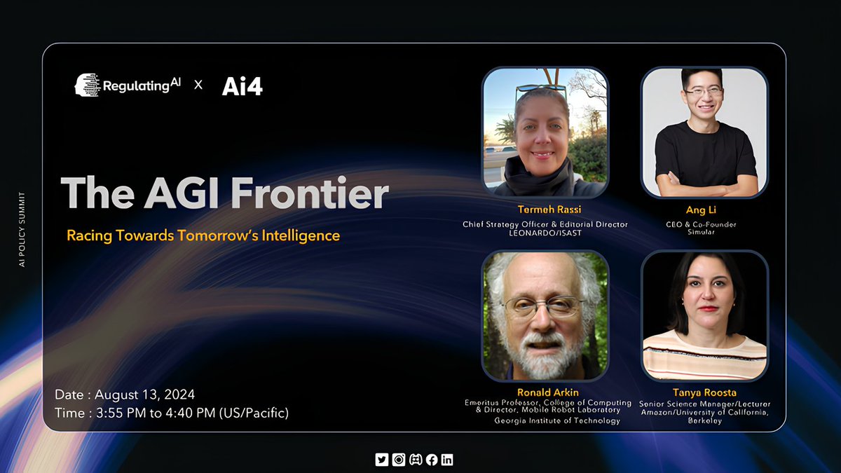 SimularAI's tweet image. Join the debate on the global race to achieve AGI! Our CEO, Ang Li, will discuss advancements, challenges, and ethical dilemmas with leading experts that could reshape our future.  @RegulatingAI @Ai4Conferences

Learn more: ai4.io/vegas/ai-polic…

#AI #SimularAI #RegulatingAI…