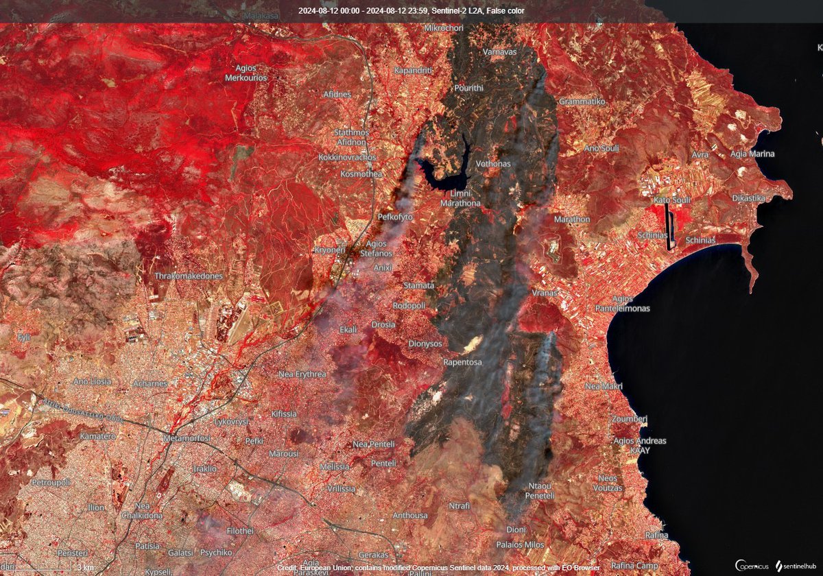 GalvezRivas's tweet photo. Los incendios forestales #IIFF #IUF que afectan a la región de #Atica, en #Grecia, captados hoy por satélite #Sentinel2 https://t.co/lUDJPzGIv3