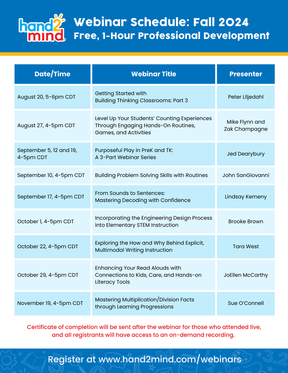 Check out hand2mind's Fall 2024 Webinar Series beginning on Tuesday, August 20th! To register for these free, 1-hour professional development webinars, go here:  hand2mind.com/resources/webi…
Get the recording by registering and if you attend live, receive a certificate of completion.