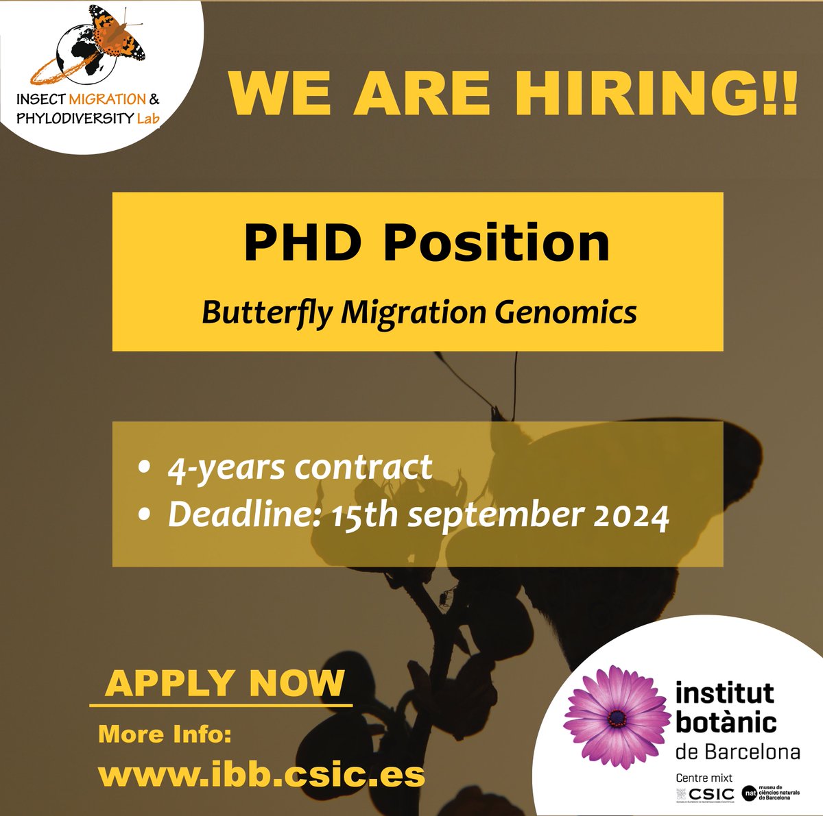 Gerard Talavera (@gerardtalavera) on Twitter photo 📢PhD Position available!
Our lab <a href="/IBB_botanic/">Institut Botà nic de Barcelona</a> is recruiting a PhD student to work on Butterfly Migration Genomics 🦋🌍
📝Apply by: 15th September 2024
🔬Lab: phylomigrationlab.com
ℹ️More details: ibb.csic.es/en/2024/08/phd… 📢PhD Position available!
Our lab <a href="/IBB_botanic/">Institut Botà nic de Barcelona</a> is recruiting a PhD student to work on Butterfly Migration Genomics 🦋🌍
📝Apply by: 15th September 2024
🔬Lab: phylomigrationlab.com
ℹ️More details: ibb.csic.es/en/2024/08/phd…