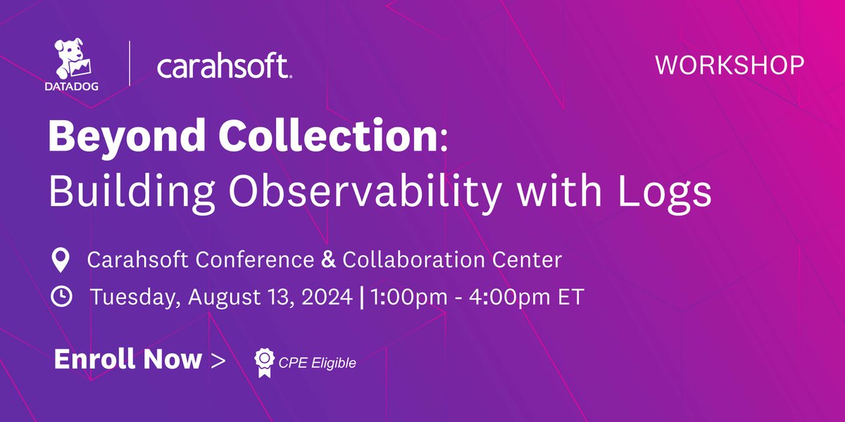 Carahsoft's tweet image. Join @datadog’s free workshop tomorrow at our Conference &amp;amp; Collaboration Center to see how their Log Management system can help you store and analyze #datalogs in a way that boosts #productivity in less time. Enroll here: carah.io/6342ca