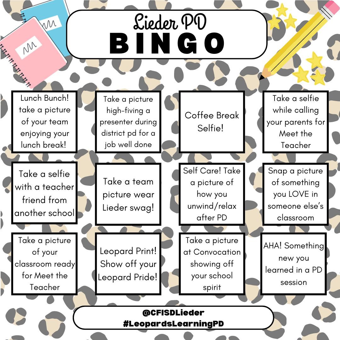 Lieder Teachers: Don’t forget about our PD Bingo!! Can’t wait to see all the fun you’re having. Don’t forget to tag us #LeopardsLearningPD #liederleopardsbettertogether