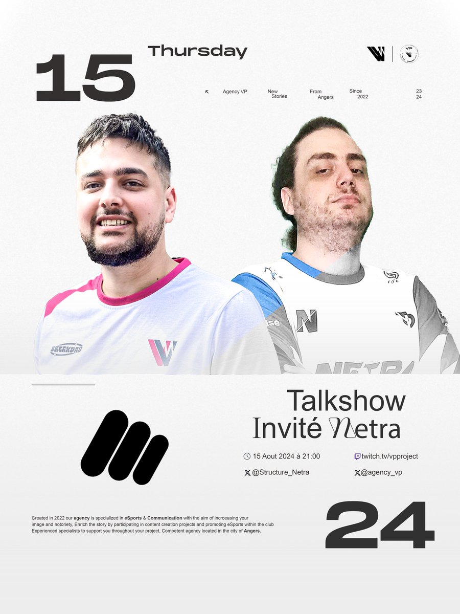Agency_VP's tweet image. Ce jeudi 15 août à 21h00, retrouvez une nouvelle émission, #MYPROJECT 🚨

Un client dédié à l&apos;#esport est attendu sur notre plateau, Ne ratez pas cette opportunité 🎙️