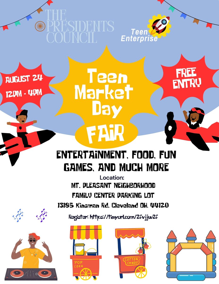 🚀 Calling all teen vendors ages 12-21! 🚀

We're looking for enthusiastic young entrepreneurs to participate in our Teen Market Day Fair on August 24, 2024.

Showcase your business, and enjoy a vibrant community atmosphere!

Apply today!
forms.office.com/r/rFs4b8ps08