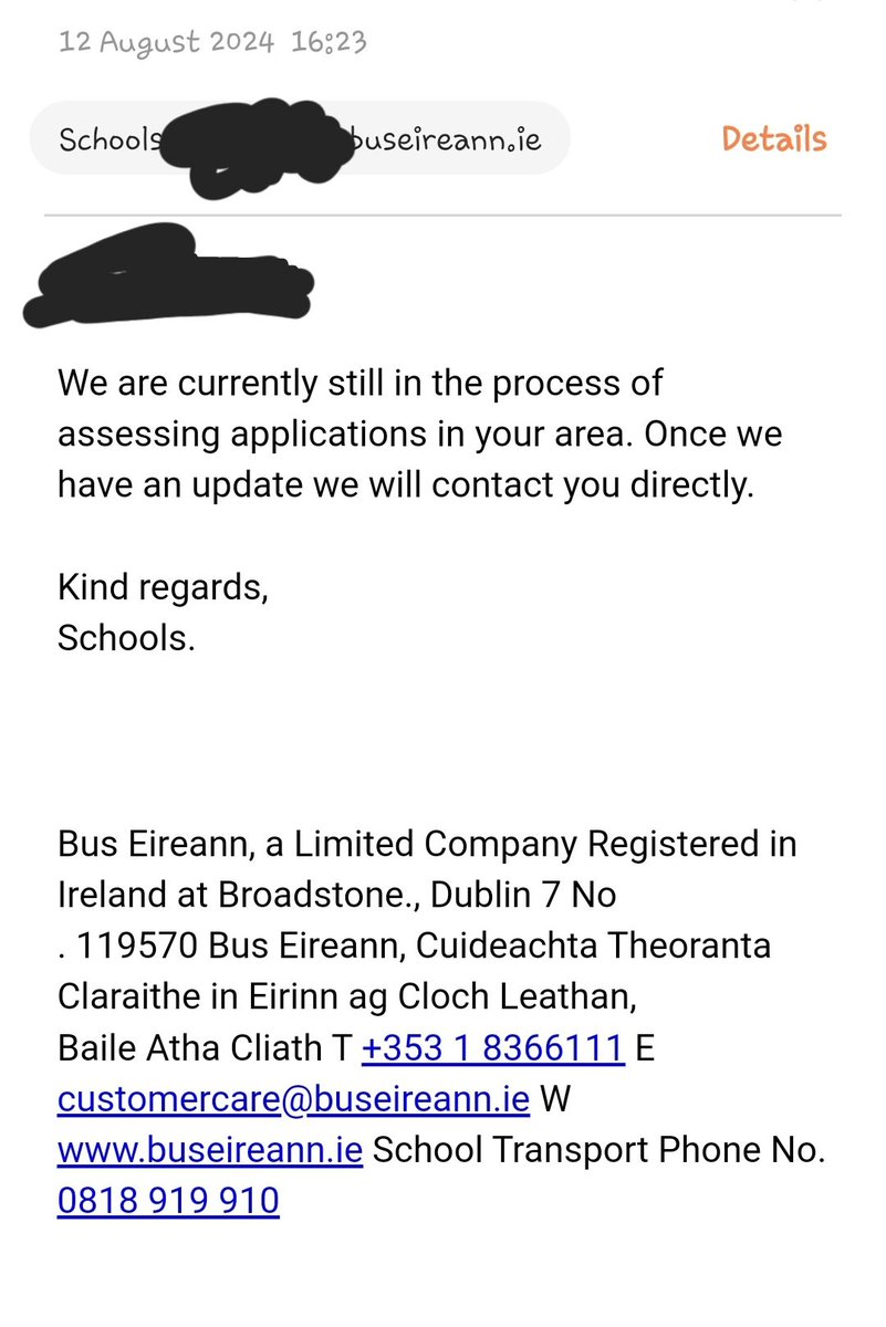 So this is the reply from <a href="/Buseireann/">Bus Éireann</a> regarding eligible paid for school bus tickets not being processed with 10 working days left till schools return. Hedging my bets there will a few absences at the start of term because their tickets were late.
