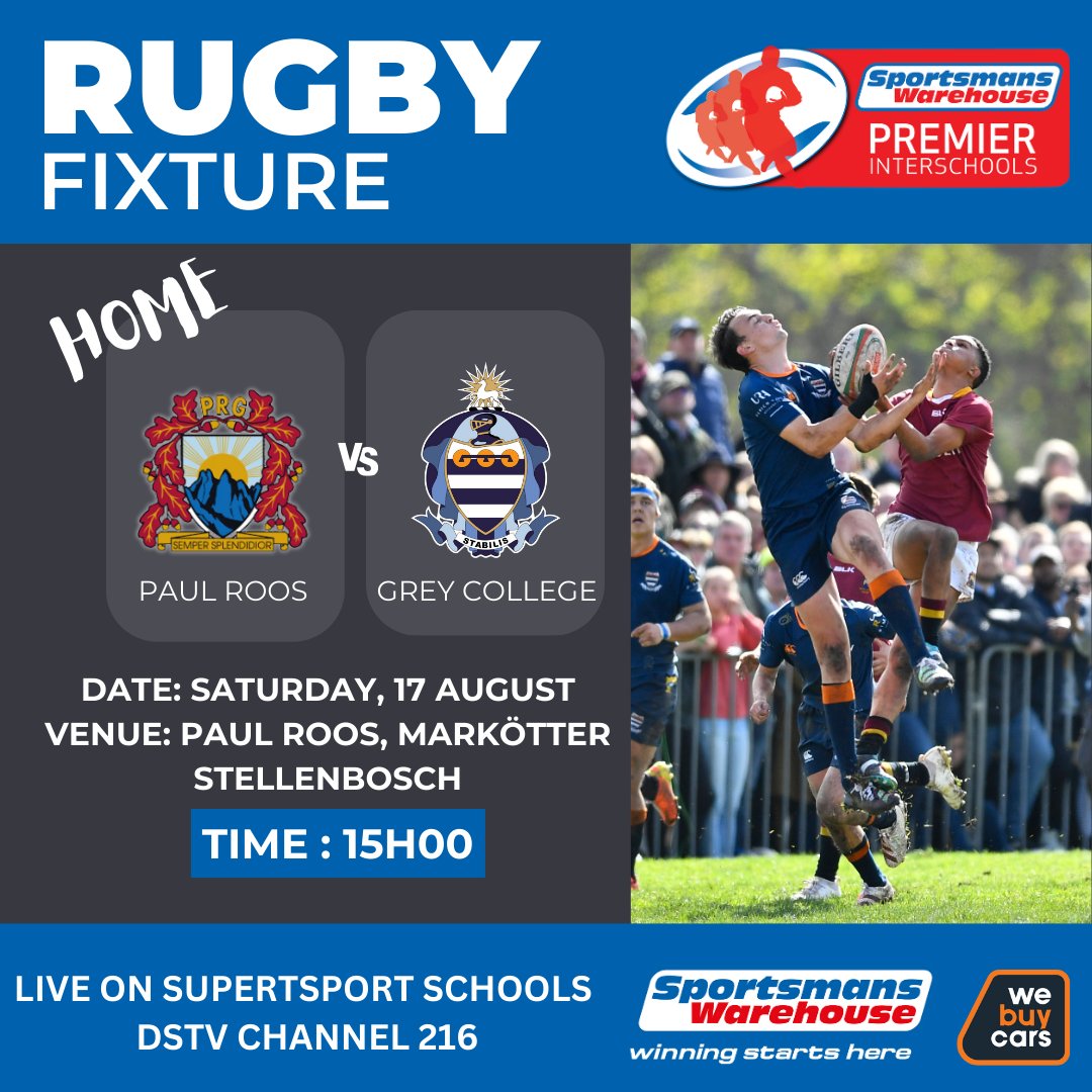 Premier Interschools (@premierschools) on Twitter photo This is it-our final rugby derby, and it's a showdown you can't miss! 🏆
🏉 <a href="/PaulRoos_Gym/">Paul Roos Gymnasium</a> vs <a href="/GreyKollege/">Grey Kollege</a>
📅 Saturday 17 August🕒 15h00
📍 Markötter field, Stellenbosch
📺 LIVE on <a href="/ss_schools/">SuperSport Schools</a> 216 (DSTV)
<a href="/SportsmansW/">Sportsmans Warehouse</a> <a href="/WeBuyCars_SA/">WeBuyCars</a>
#premierinterschools This is it-our final rugby derby, and it's a showdown you can't miss! 🏆
🏉 <a href="/PaulRoos_Gym/">Paul Roos Gymnasium</a> vs <a href="/GreyKollege/">Grey Kollege</a>
📅 Saturday 17 August🕒 15h00
📍 Markötter field, Stellenbosch
📺 LIVE on <a href="/ss_schools/">SuperSport Schools</a> 216 (DSTV)
<a href="/SportsmansW/">Sportsmans Warehouse</a> <a href="/WeBuyCars_SA/">WeBuyCars</a>
#premierinterschools