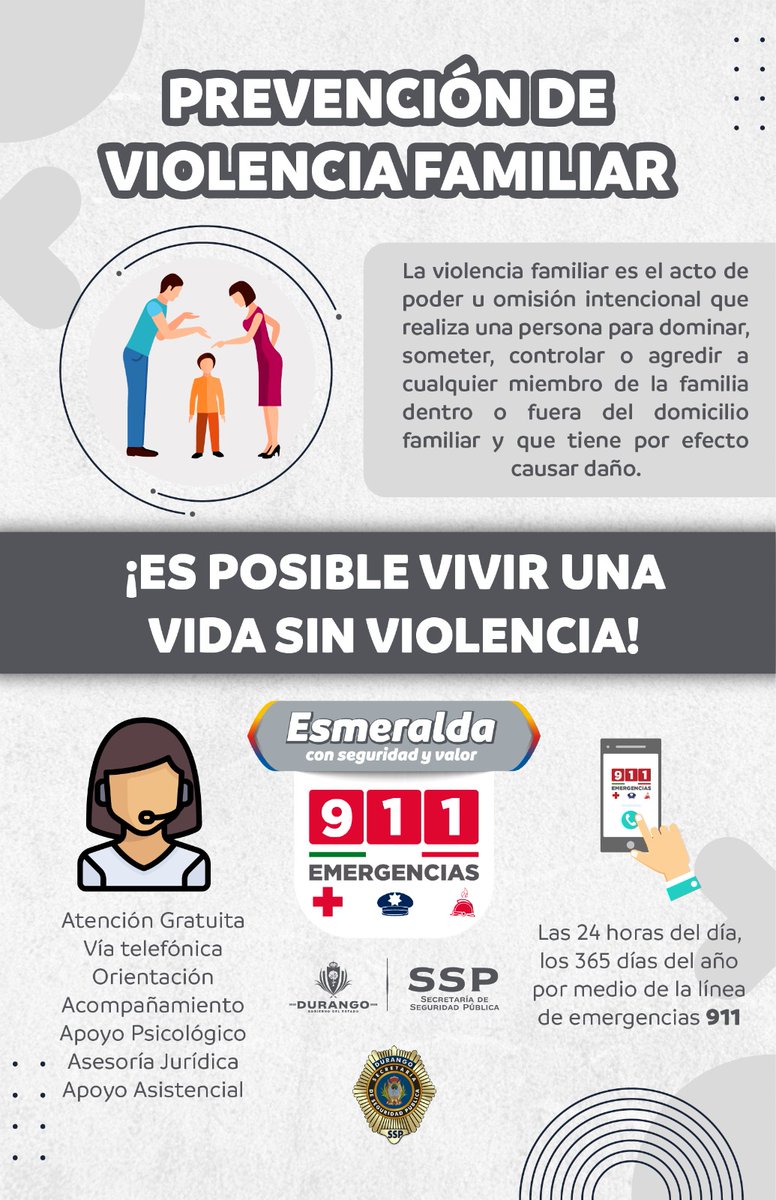 sspdgo's tweet image. En caso de violencia familiar llama al 9-1-1 al #ProgramaEsmeralda, recuerda que este servicio es totalmente gratuito y trabaja en todo el estado de #Durango, llevando apoyo psicológico, jurídico y asistencial #DenunciaLaViolencia