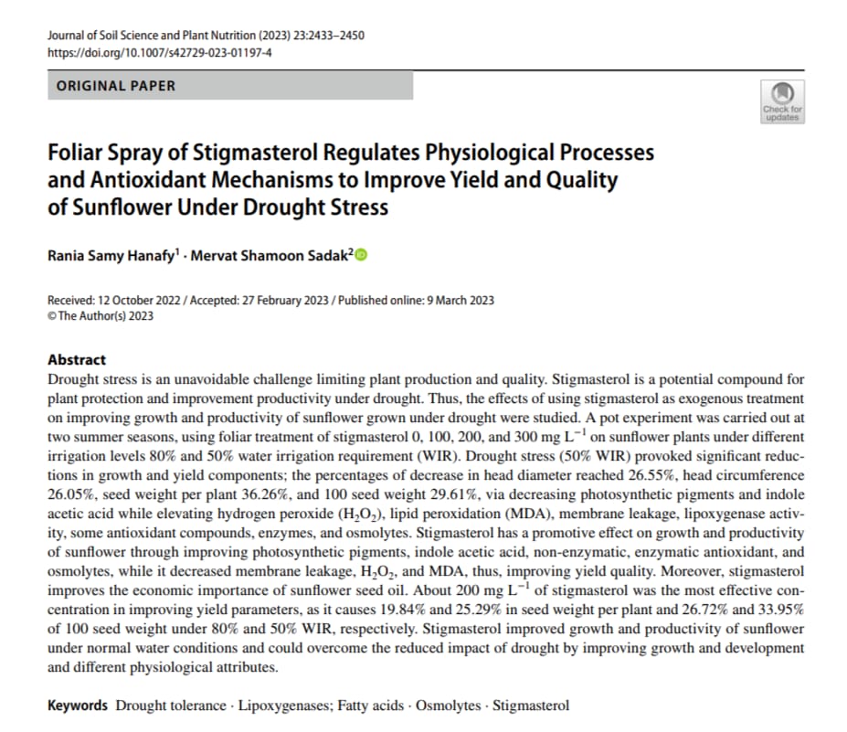 Highly Cited Article Alert (open access)

"#Foliar Spray of #Stigmasterol Regulates Physiological Processes and #Antioxidant Mechanisms to Improve Yield and Quality of #Sunflower Under #Drought Stress"

download link.springer.com/article/10.100…