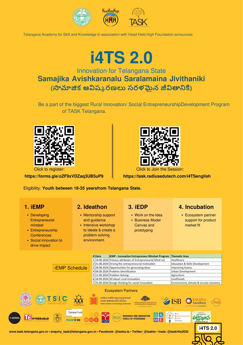 @taskts in Collaboration with <a href="/IamHeadHeldHigh/">Head Held High</a> to create entrepreneurial spirit among the Telangana youth,  Join TASK i4TS 2.0 iEMP and ignite your startup dreams! Apply now! #TASKi4TS 2.0 #TelanganaYouth #Entrepreneurship 
<a href="/OffDSB/">Sridhar Babu Duddilla</a> <a href="/jayesh_ranjan/">Jayesh Ranjan</a> <a href="/bhaveshmishra01/">bhaveshmishra</a> <a href="/spankaj4/">Pankaj Singh Thakur</a>
