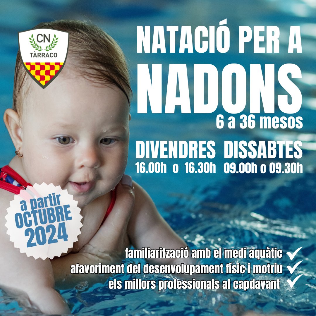 NATACIÓ PER A 
NADONS 👶🏊‍♀️

Curs dirigit a infants de 6 a 36 mesos
📆 Divendres o dissabtes
A partir del mes d'octubre

Amb els i les millors professionals!