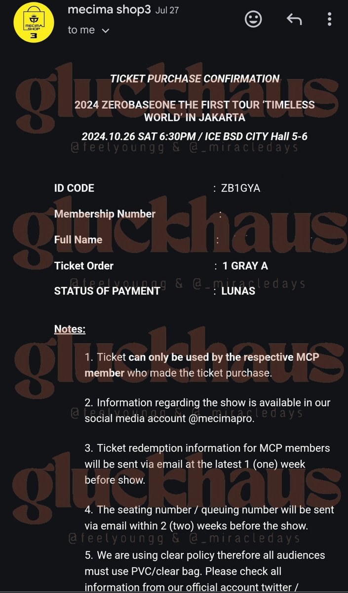 _miracledays's tweet photo. @feelyoungg 2024 ZEROBASEONE THE FIRST TOUR TIMELESS WORLD IN JAKARTA

Ticket purchase confirmation
☑️ Gray A

@feelyoungg #bygluckhaus #bymiracledays #byfeelyoungg https://t.co/APFZo6nN8X