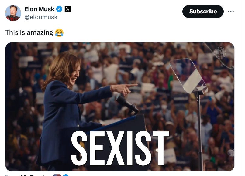 8. On July 26, Musk shared a doctored video featuring Harris' voice in which she calls herself "the ultimate diversity hire" and says if you criticize her, you are "sexist and racist." 

In the doctored video, Harris also says she "pretend[s] to celebrate Kwanzaa." Harris never