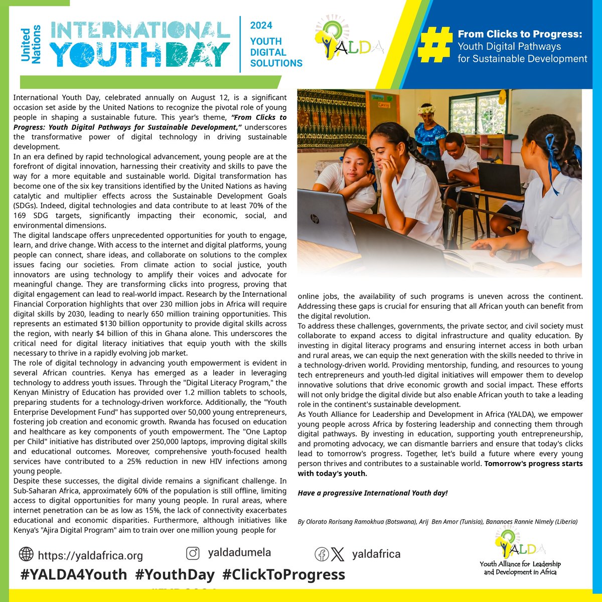 yaldafrica's tweet photo. Today is International Youth Day!
This year’s theme is  “From Clicks to Progress: Youth Digital Pathways for Sustainable Development”.
Tomorrow's progress starts with today's youth.

Have a progressive International Youth day!

#YouthDay
#YALDA4Youth
#ClickToProgress https://t.co/Or3RHBncMB