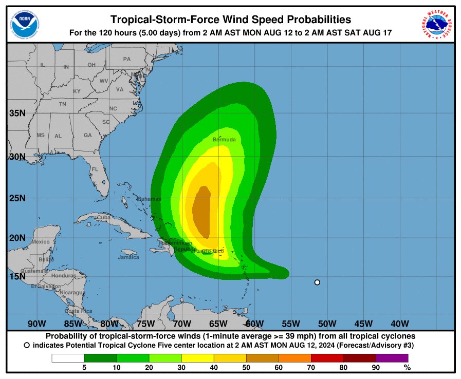 (1/2).
INFORMAMOS, que el Potencial Ciclón Tropical No. 5. el cual, de seguir desarrollándose en los próximos días, podría llegar a ser la tormenta tropical Ernesto, fue localizado en la mañana de hoy, aproximadamente a unos 1,040 kilómetros este/sureste de Antigua.